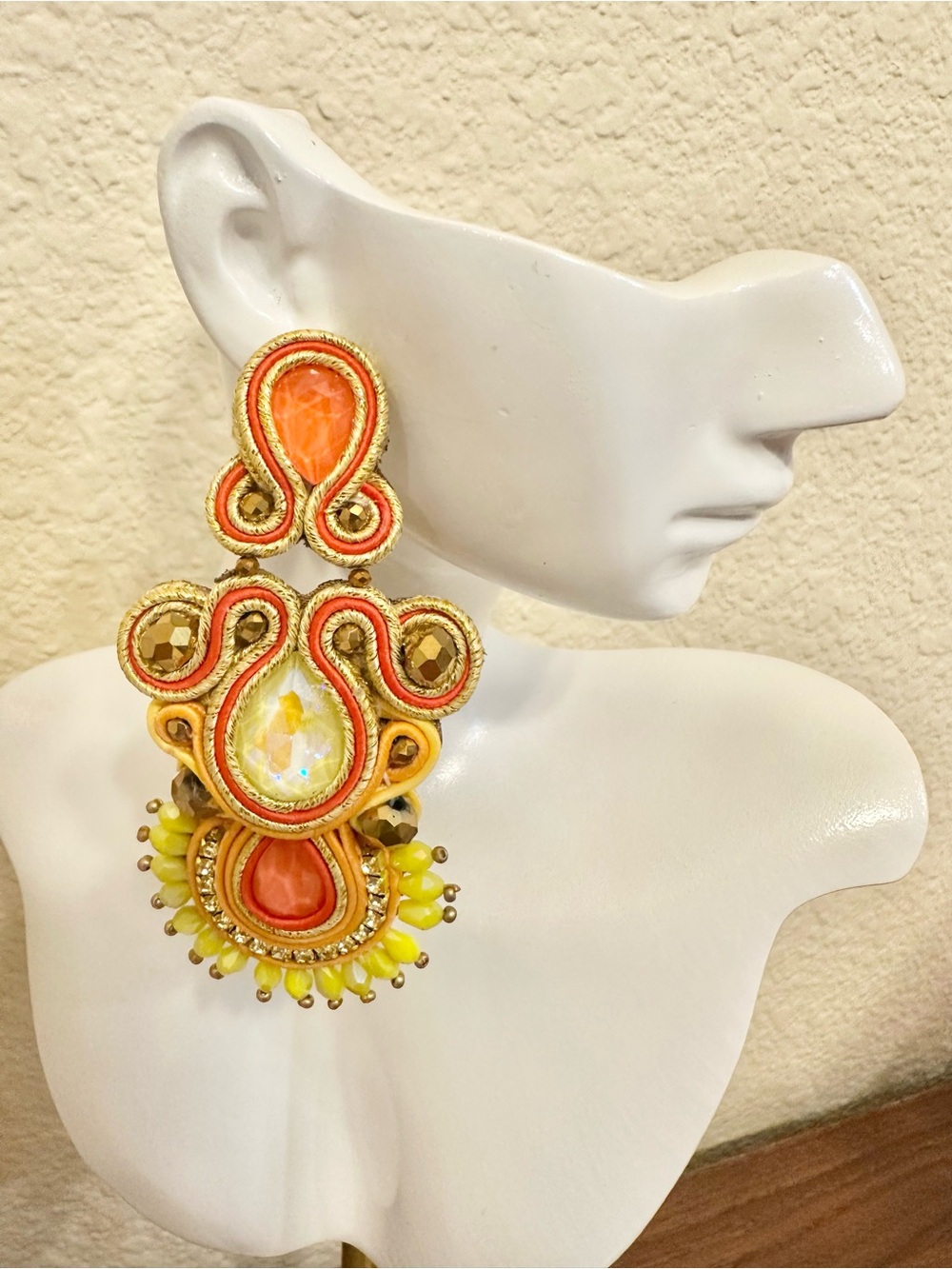 Handmade Yellow and Orange Soutache Statement Earrings